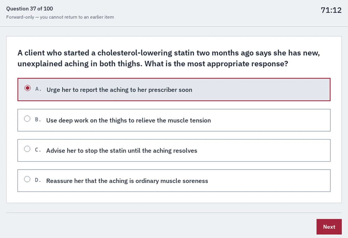 LMTPrep practice simulator: question 37 of 100, 71:12 left, Next only (sample screen)